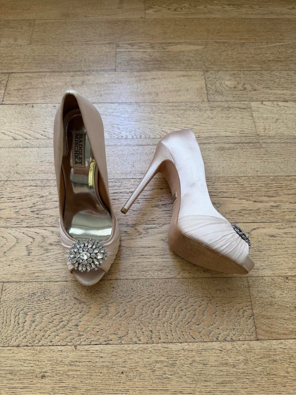 Y2K Glam Badgley Mischka Crystal Satin Peep Toe Heels